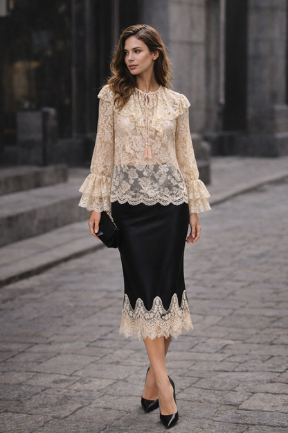 Woman wearing a lace blouse and black skirt on a stone pavement.