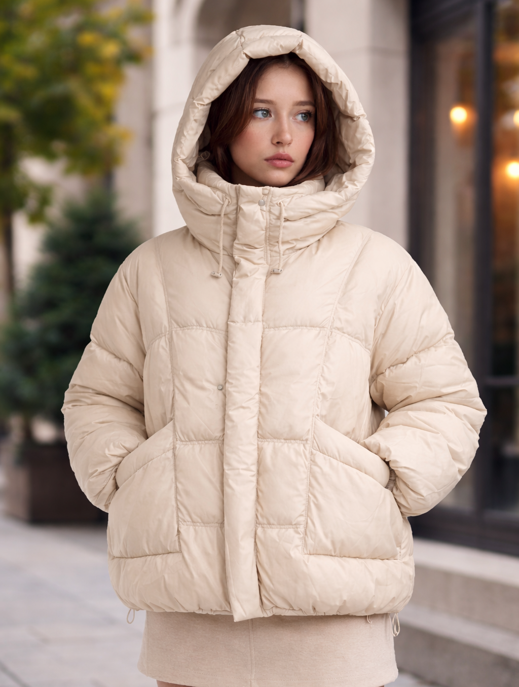 Woman wearing a beige puffer jacket outdoors on a city street.