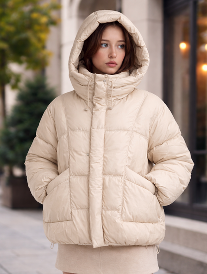 Woman wearing a beige puffer jacket outdoors on a city street.