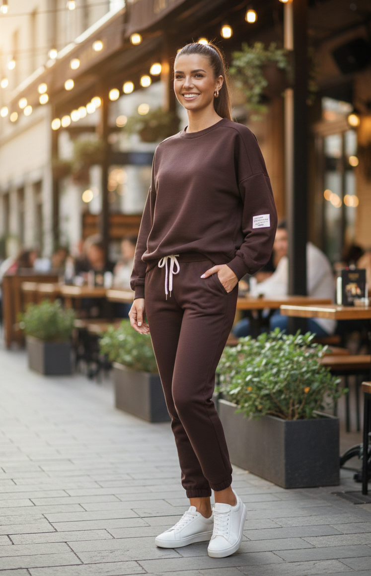 Woman in brown tracksuit standing on a street with outdoor seating in the background