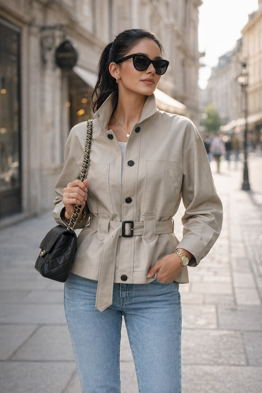 Woman wearing a beige trench coat and sunglasses on a city street.