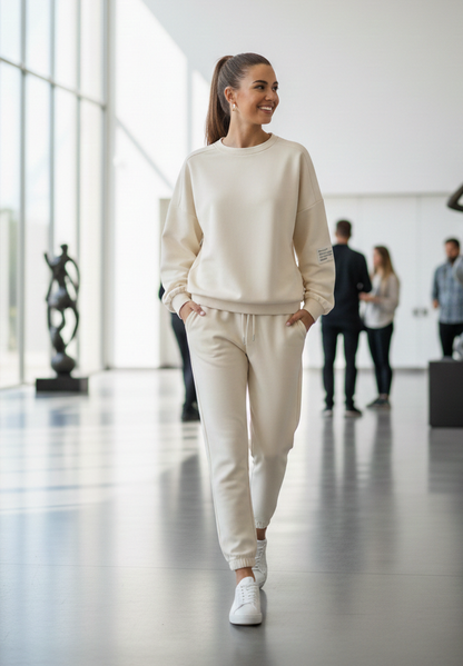 Woman in a white outfit walking in a modern art gallery.