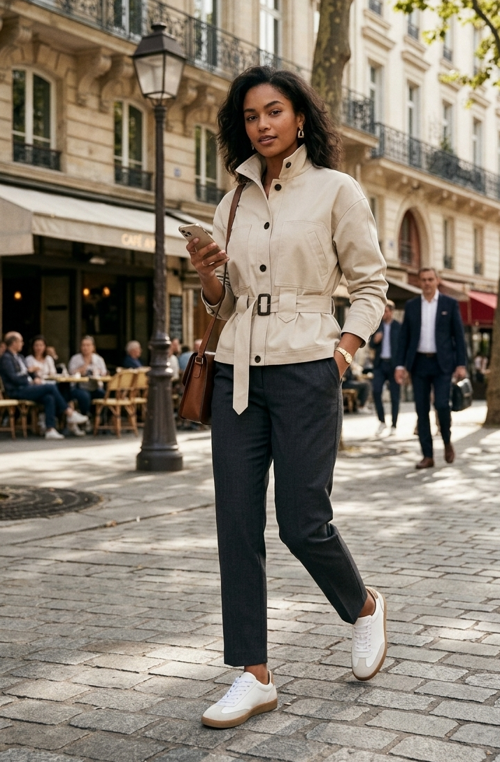 Woman walking on a city street wearing a beige jacket and dark pants.
