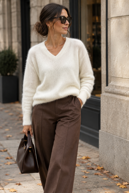 A woman wearing a fuzzy off-white V-neck sweater and brown wide-leg trousers walks on a city sidewalk, holding a dark brown handbag.