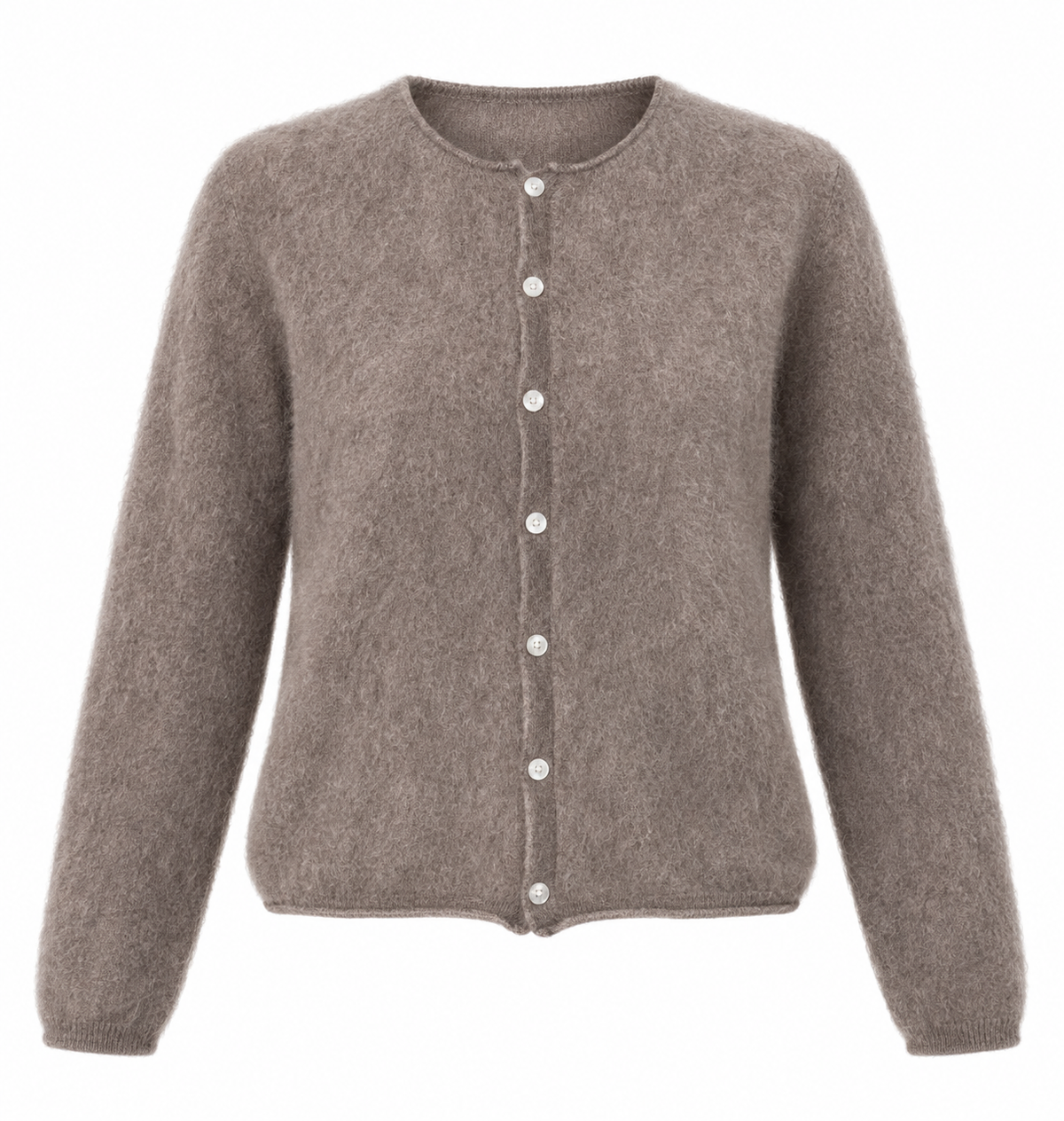 A taupe brown fuzzy knit cardigan sweater with a button-up front, displayed on a clean white background.