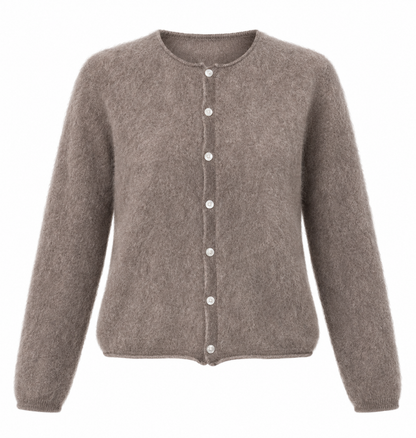 A taupe brown fuzzy knit cardigan sweater with a button-up front, displayed on a clean white background.