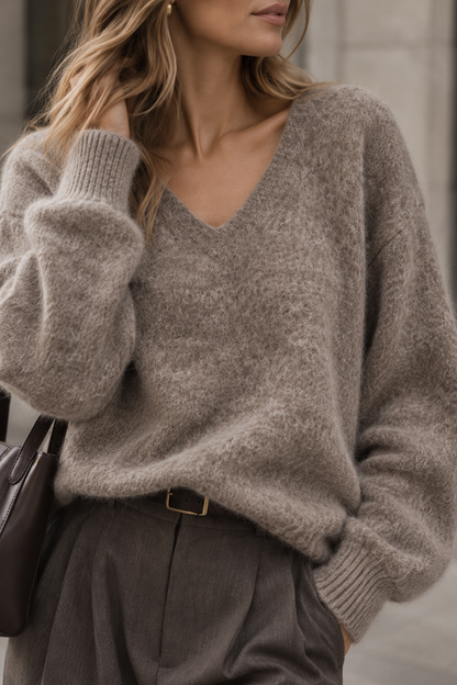 A woman wearing a soft, fuzzy taupe-gray V-neck sweater and dark gray trousers, holding a dark brown leather bag.