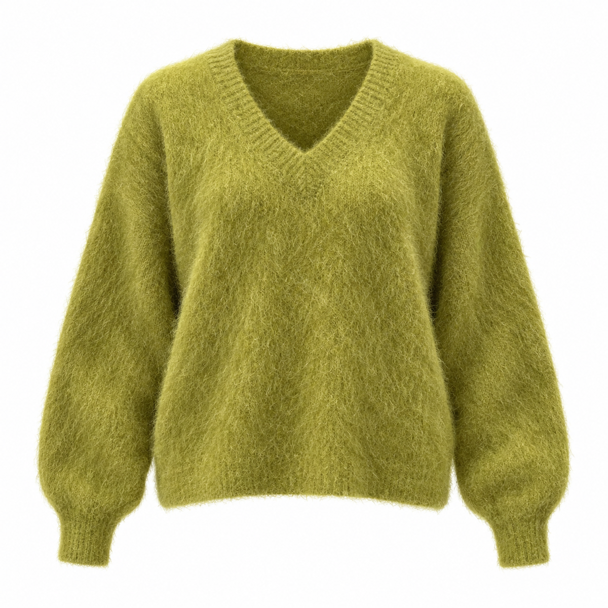 A fuzzy, textured olive green V-neck sweater with long balloon sleeves, shown against a plain white background.