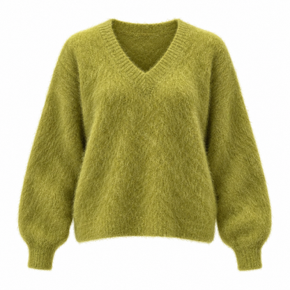 A fuzzy, textured olive green V-neck sweater with long balloon sleeves, shown against a plain white background.