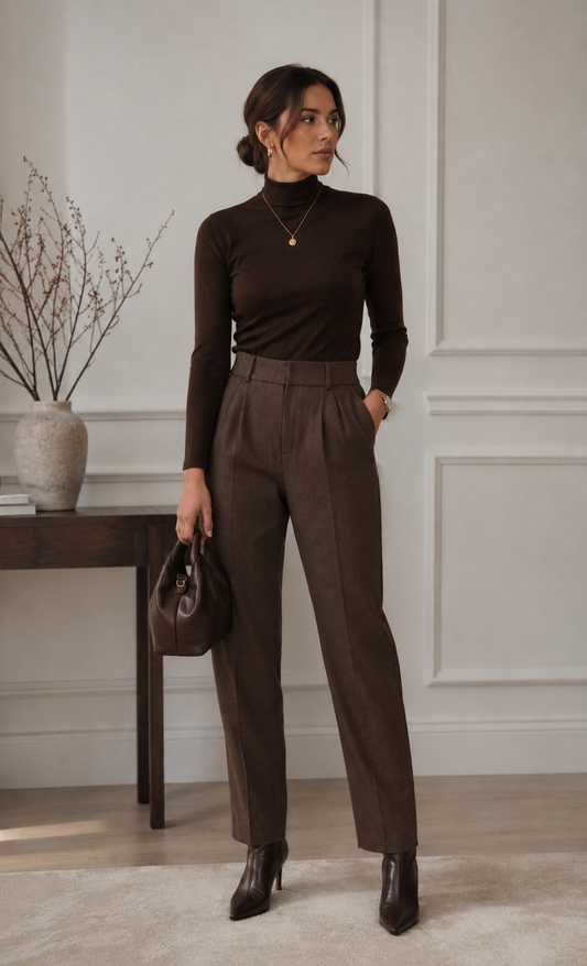 Woman in a brown outfit standing in a room with a wooden desk and decorative vase.