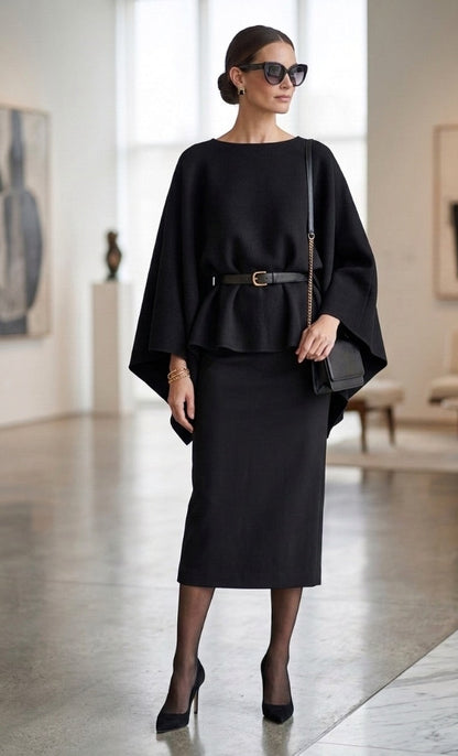Woman in a black outfit standing in an art gallery