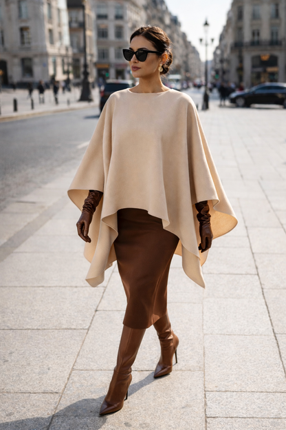 Woman in a beige cape and brown skirt walking on a city street.