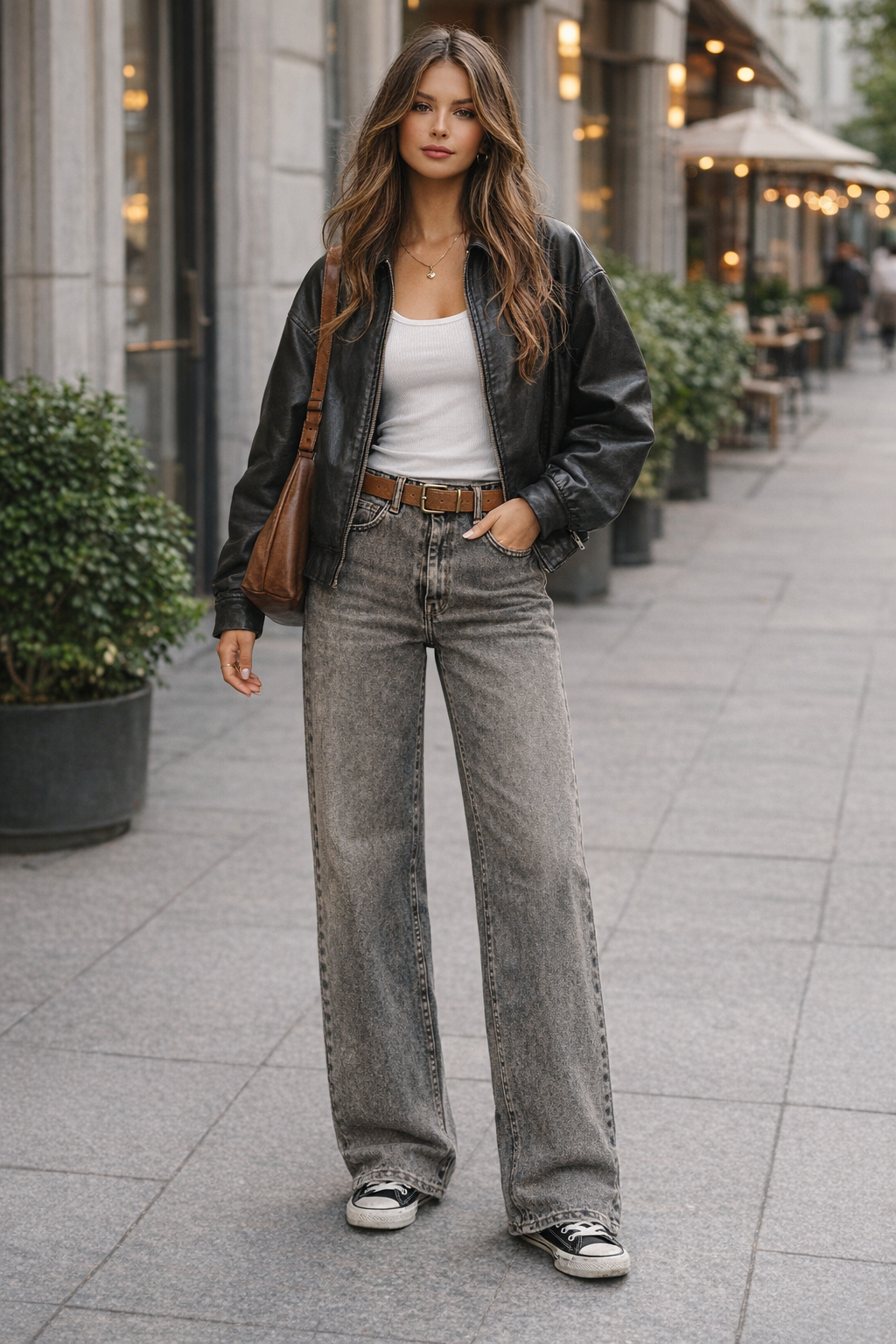 pilkai rudi vintage dzinsai ant merginos gatvėje