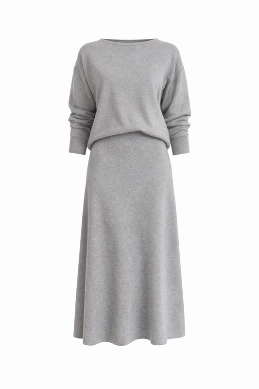 Gray sweater and skirt set on a white background