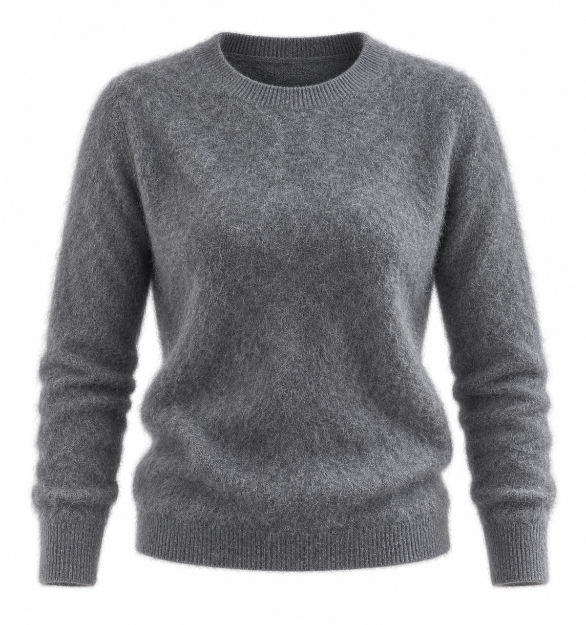 A dark gray long-sleeve crewneck knit sweater, shown on a plain white background.