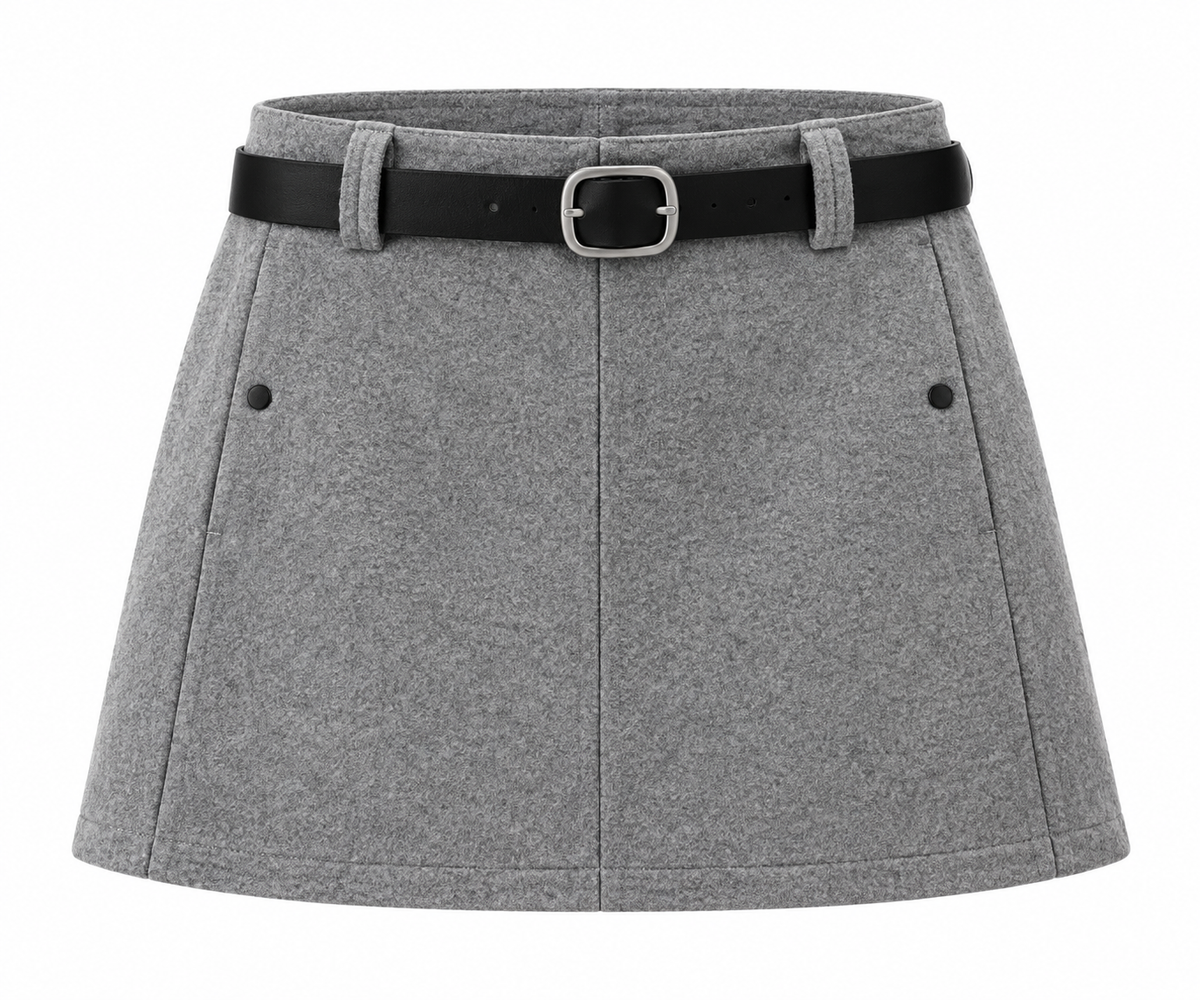 A gray wool-blend mini skirt with a black belt featuring a silver buckle, displayed against a solid white background.