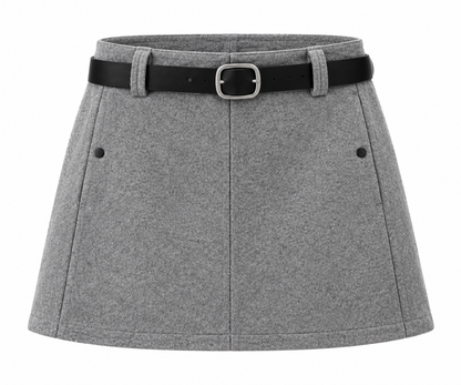 A gray wool-blend mini skirt with a black belt featuring a silver buckle, displayed against a solid white background.