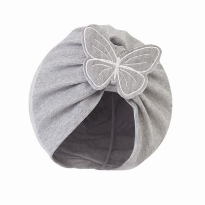 Gray baby turban with a butterfly design on a white background