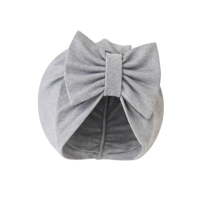 Gray baby turban with a large bow on a white background