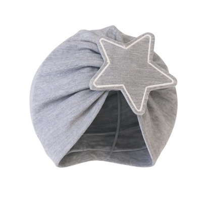 Gray baby turban with a star-shaped decorative element on a white background