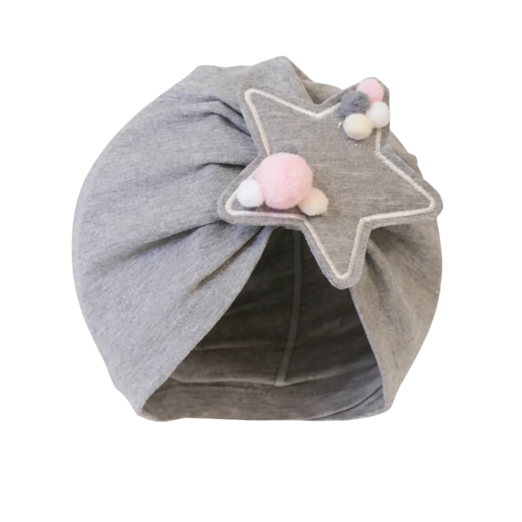 Gray baby turban with a star and pom-pom decoration on a white background