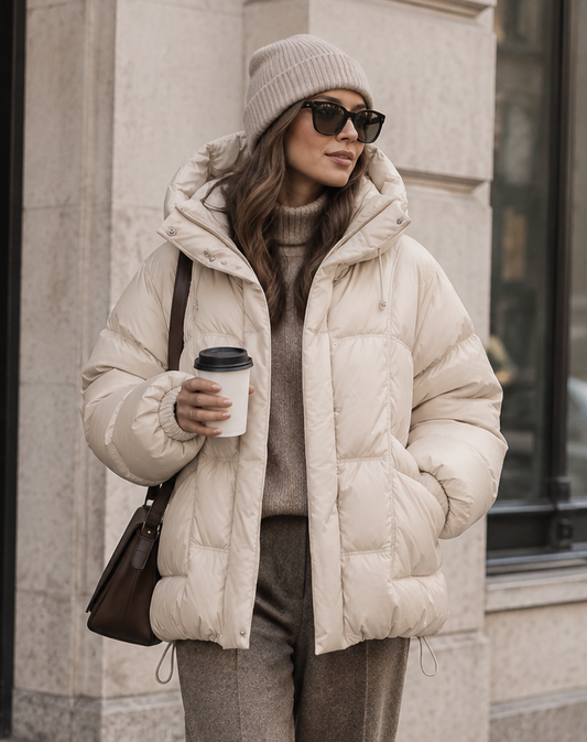 A woman stands on a city sidewalk wearing a cream puffer jacket, taupe knit sweater, wide-leg taupe trousers, beige boots, a beige beanie, and sunglasses, while holding a takeaway coffee cup and carrying a brown shoulder bag.