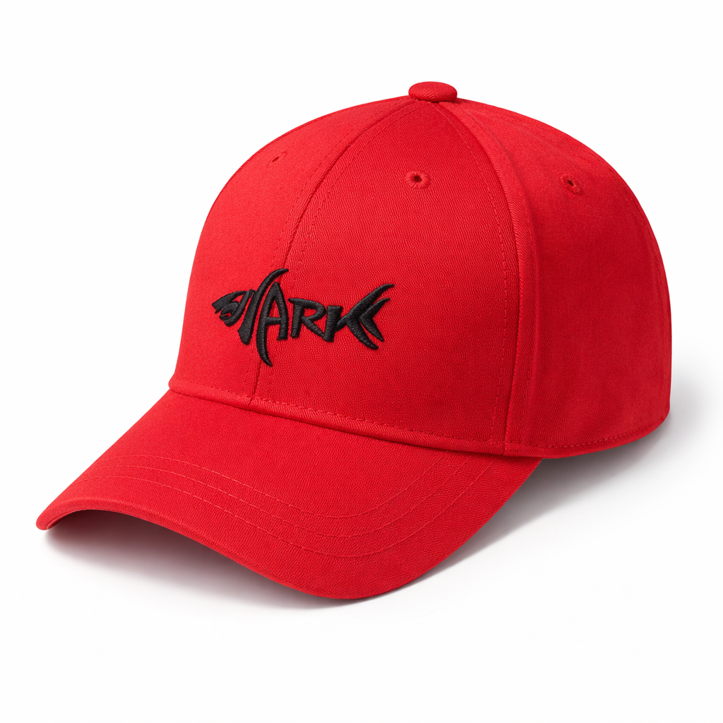 Red cap with black logo on a white background