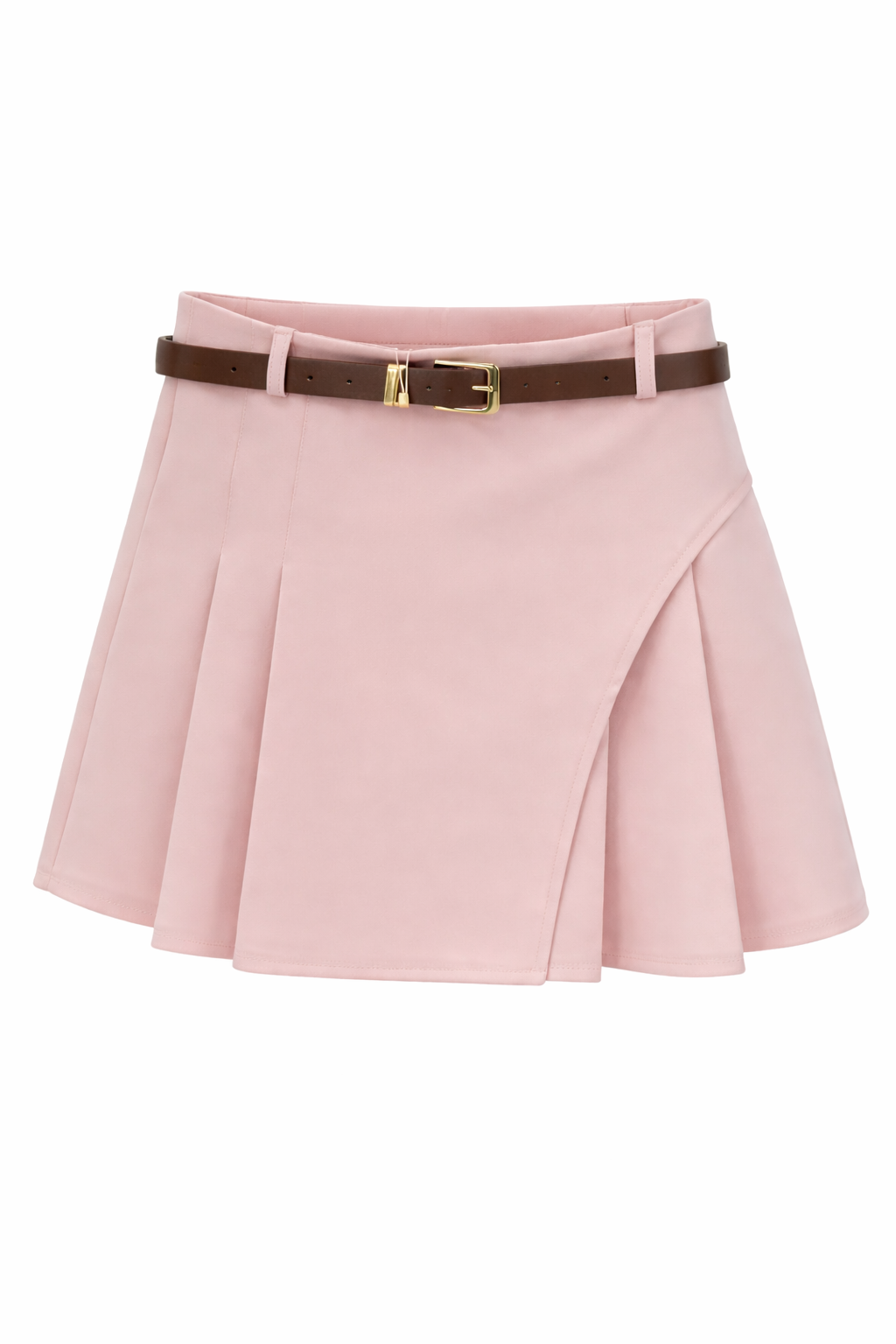 Pink skirt with a brown belt on a white background