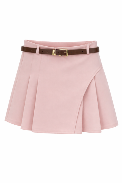 Pink skirt with a brown belt on a white background