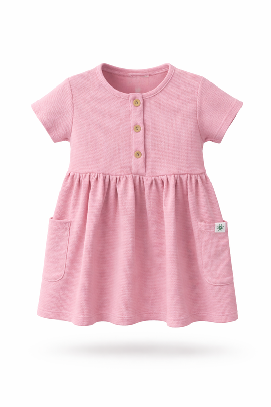 Pink dress with short sleeves and buttons on a white background