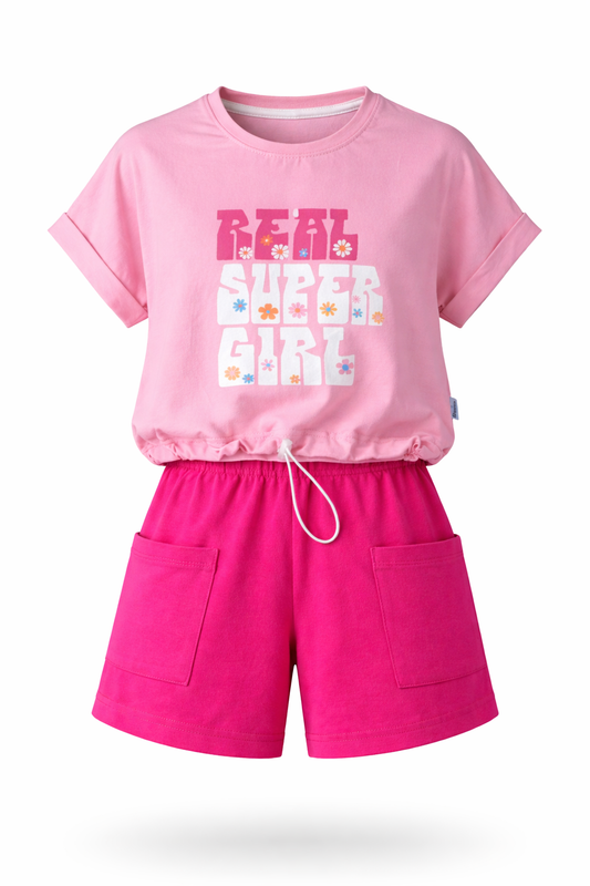 Pink t-shirt with 'Real Super Girl' text and pink shorts on a white background