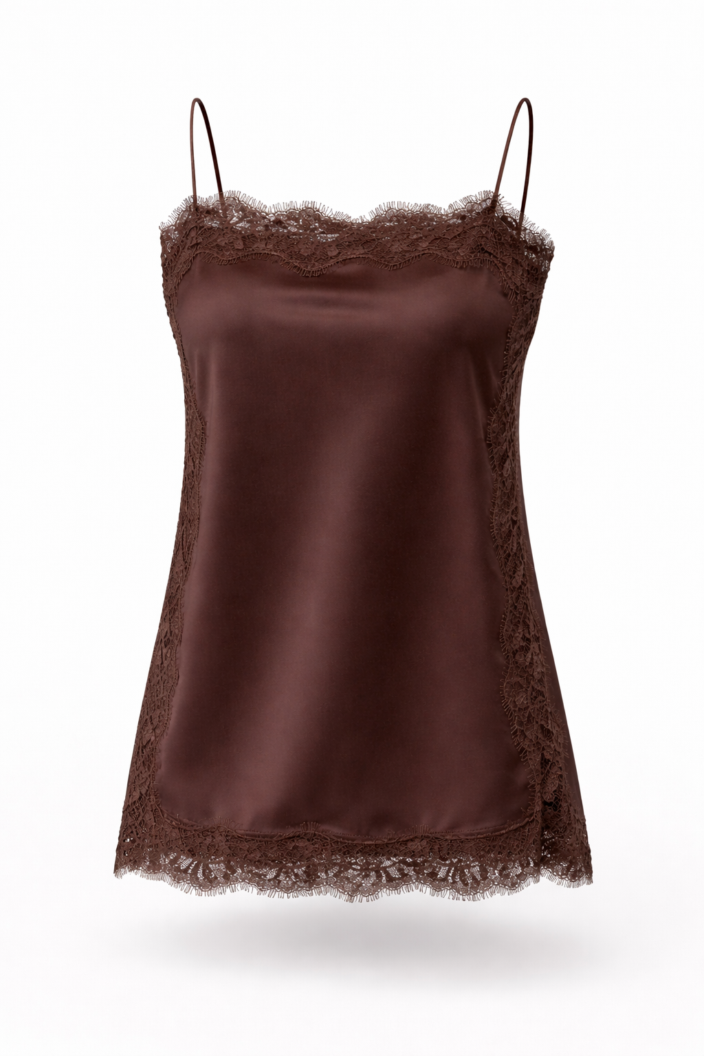 Brown satin camisole with lace trim on a white background