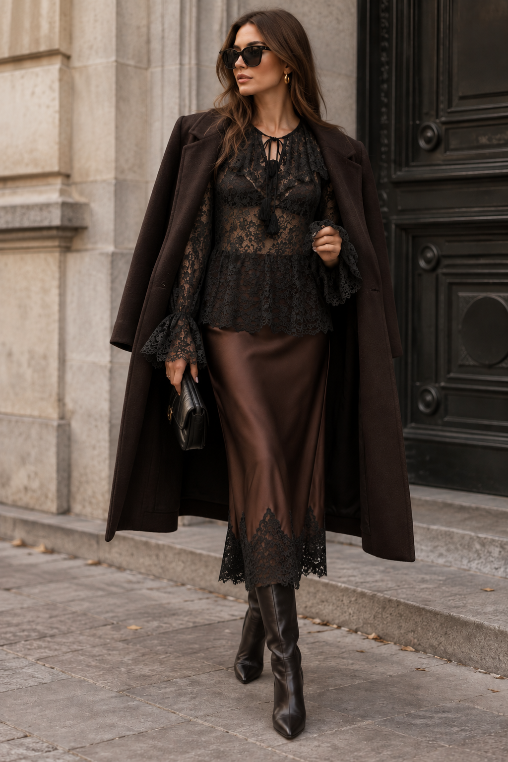 A woman stands on a city sidewalk wearing a dark brown long coat over a black lace top and a brown satin skirt with lace trim, paired with black knee-high boots and holding a small black clutch.