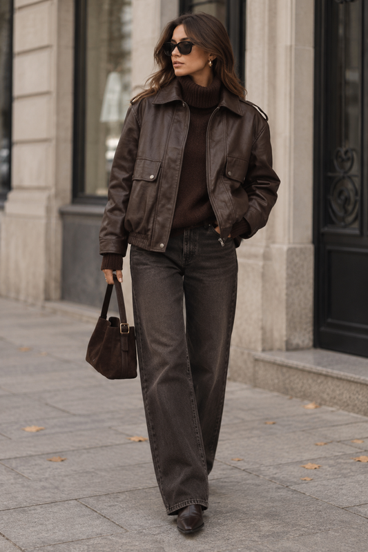 A woman walking on a city sidewalk wearing a dark brown leather moto jacket over a dark brown turtleneck sweater, paired with dark gray wide-leg jeans and carrying a brown leather handbag.