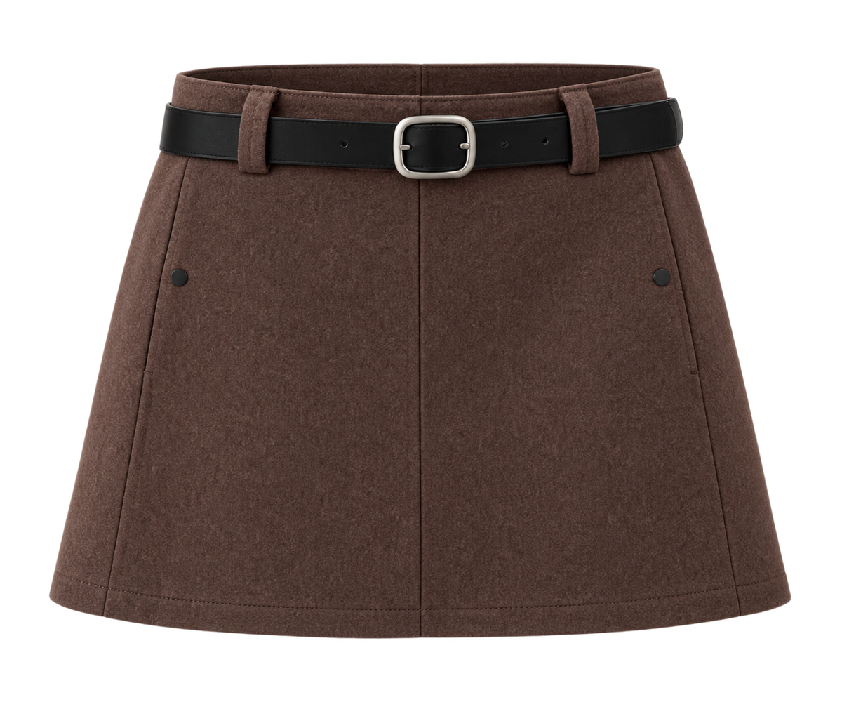 A brown wool-blend mini skirt with a structured A-line silhouette, featuring a black leather belt with a silver buckle at the waistband.