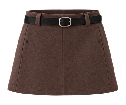 A brown wool-blend mini skirt with a structured A-line silhouette, featuring a black leather belt with a silver buckle at the waistband.