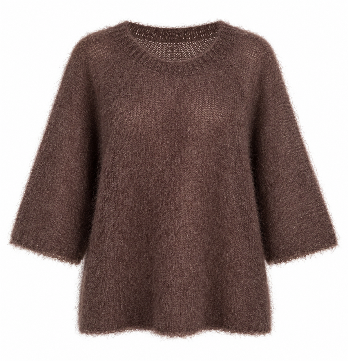 A brown fuzzy knit sweater with a crew neck and three-quarter sleeves, shown against a plain white background.