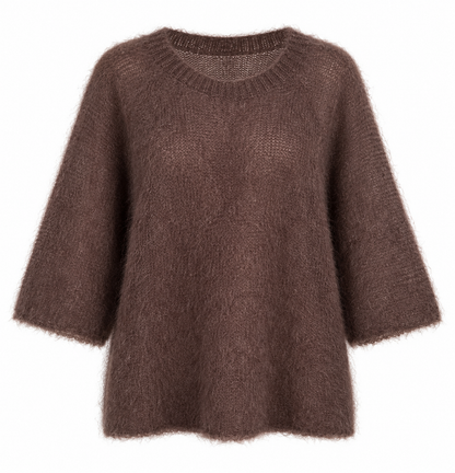 A brown fuzzy knit sweater with a crew neck and three-quarter sleeves, shown against a plain white background.