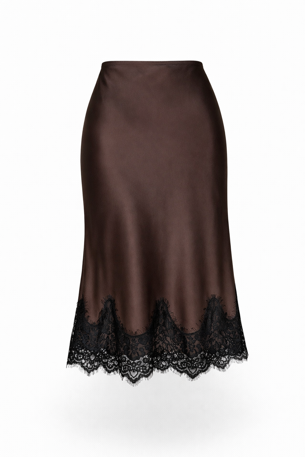 Brown satin skirt with black lace hem on a white background