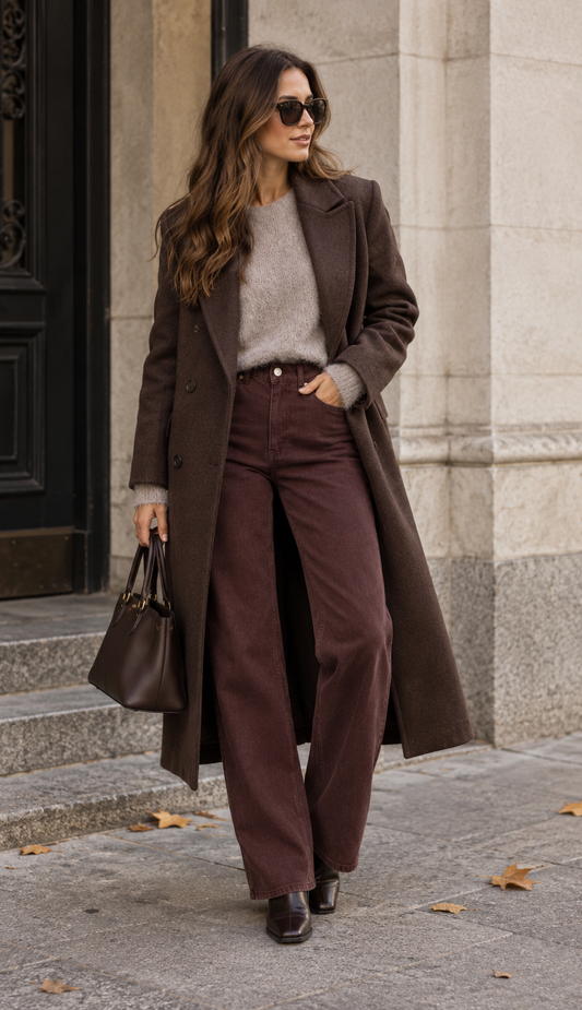 A woman wearing a long brown overcoat, brown wide-leg pants, a beige knit top, and sunglasses walks on a stone sidewalk next to a building.