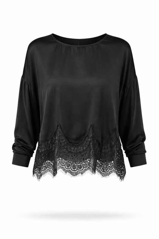 Black long-sleeve top with lace detailing on a white background