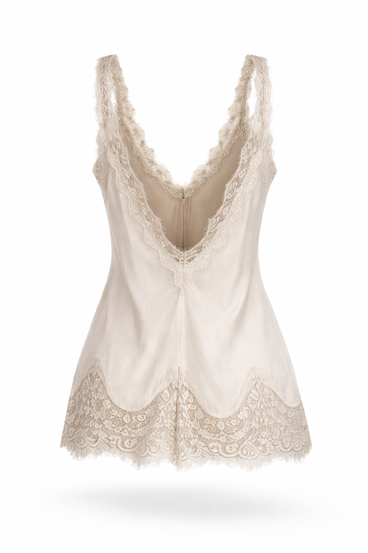 Beige lace-trimmed tank top on a white background