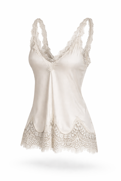 White lace-trimmed tank top on a white background