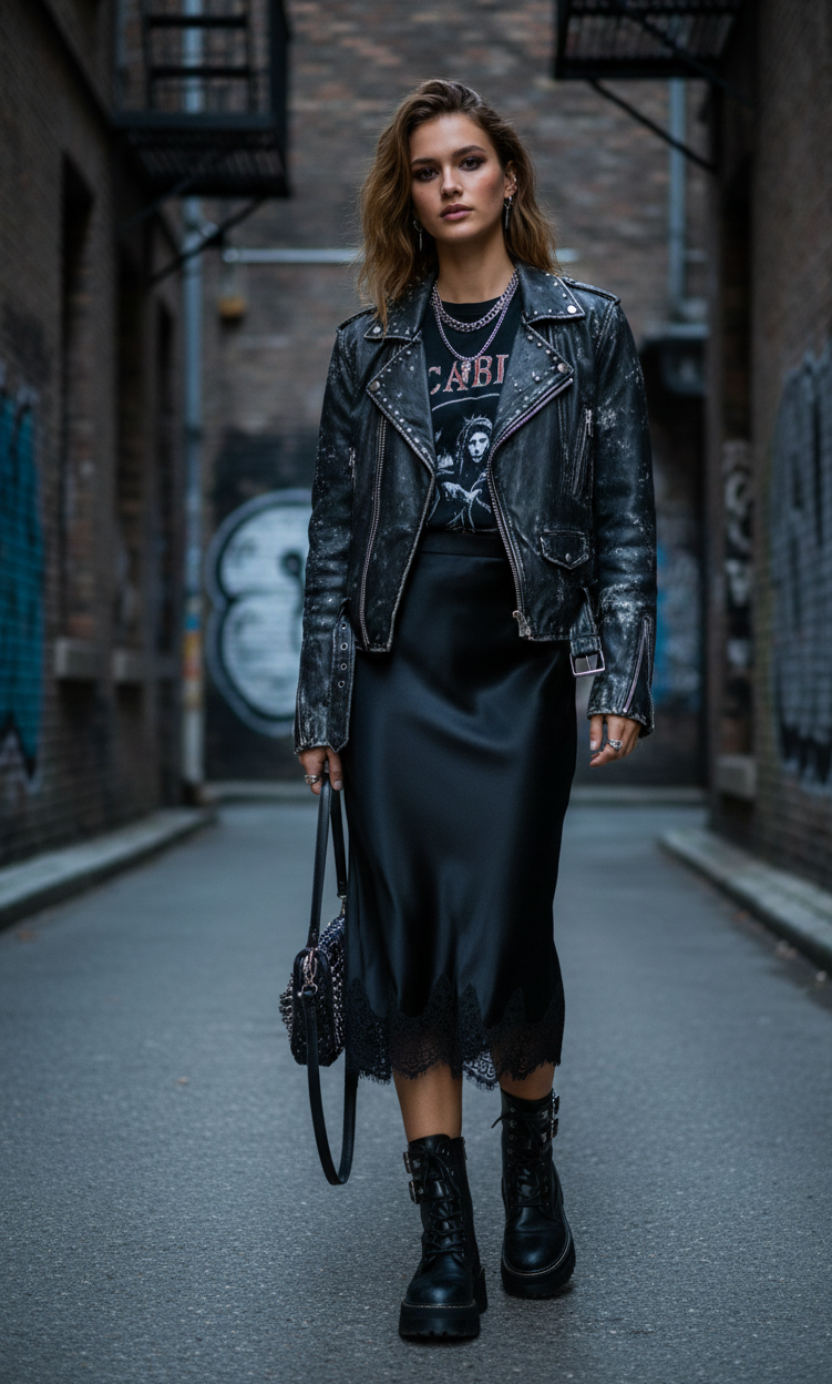 Woman in a stylish outfit with a leather jacket and black skirt standing in an alleyway.
