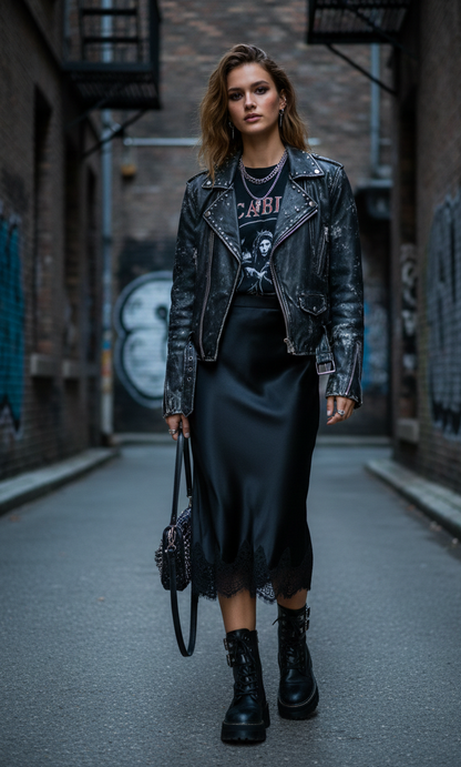Woman in a stylish outfit with a leather jacket and black skirt standing in an alleyway.
