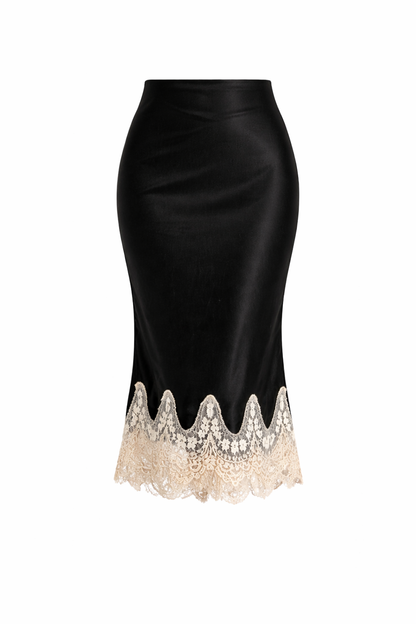 Black pencil skirt with lace trim on a white background