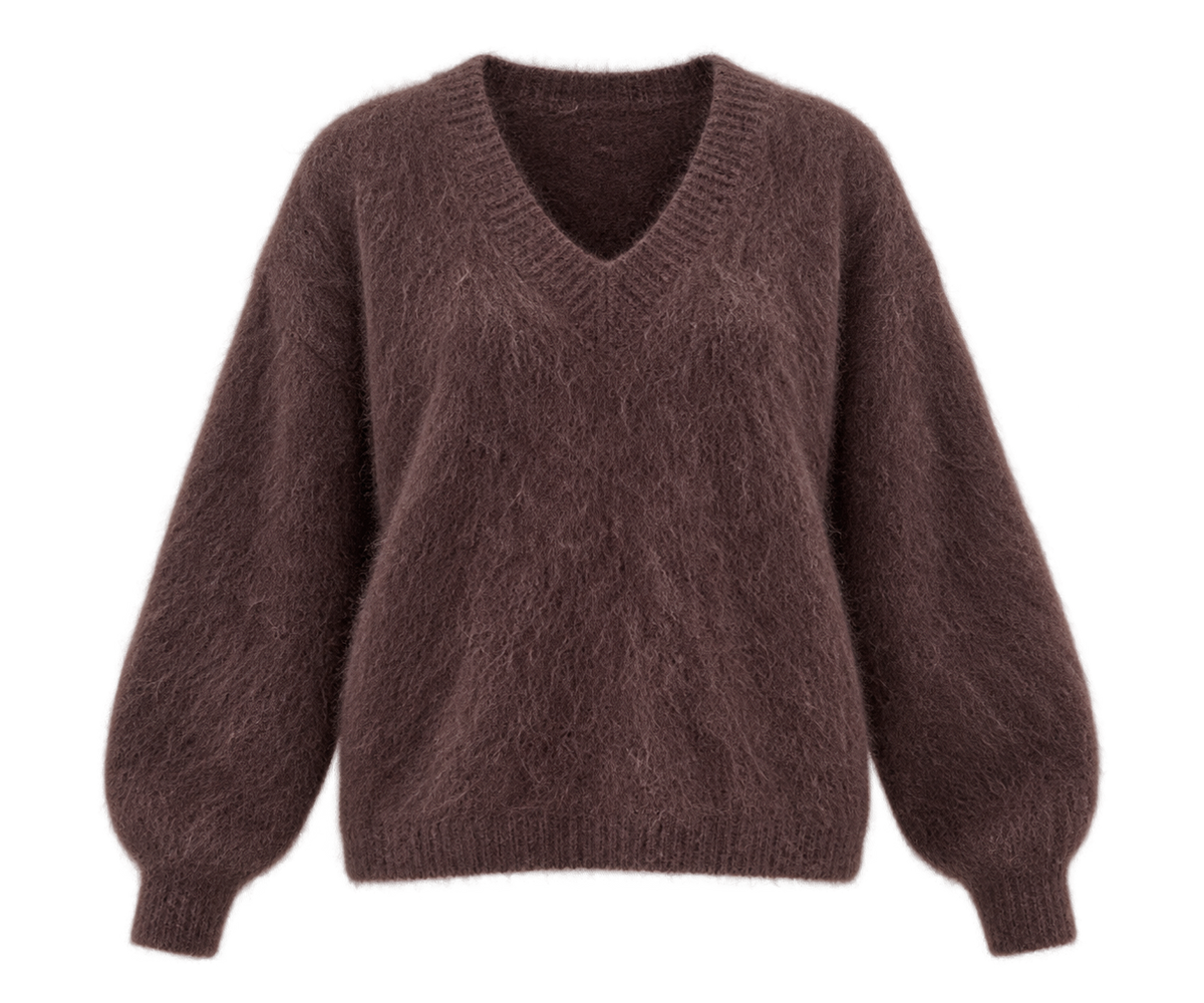 A dark brown fuzzy knit sweater with a V-neck and balloon sleeves, shown against a plain white background.