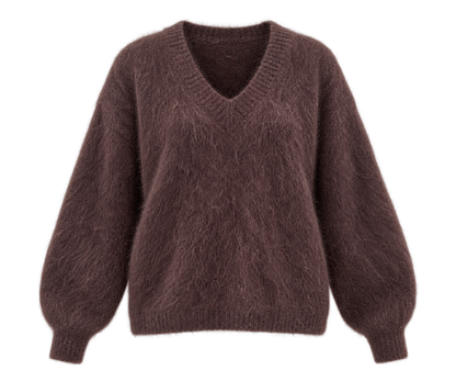 A dark brown fuzzy knit sweater with a V-neck and balloon sleeves, shown against a plain white background.