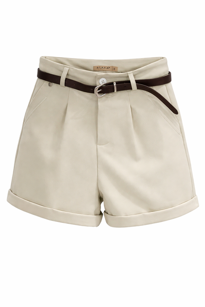 Beige shorts with a brown belt on a white background