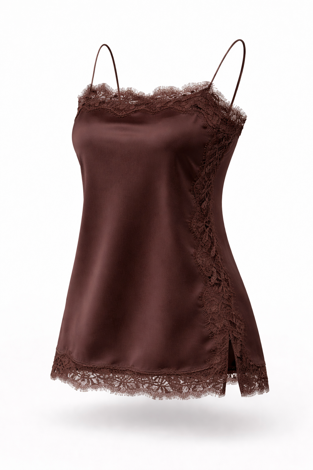 Brown satin nightgown with lace trim on a white background
